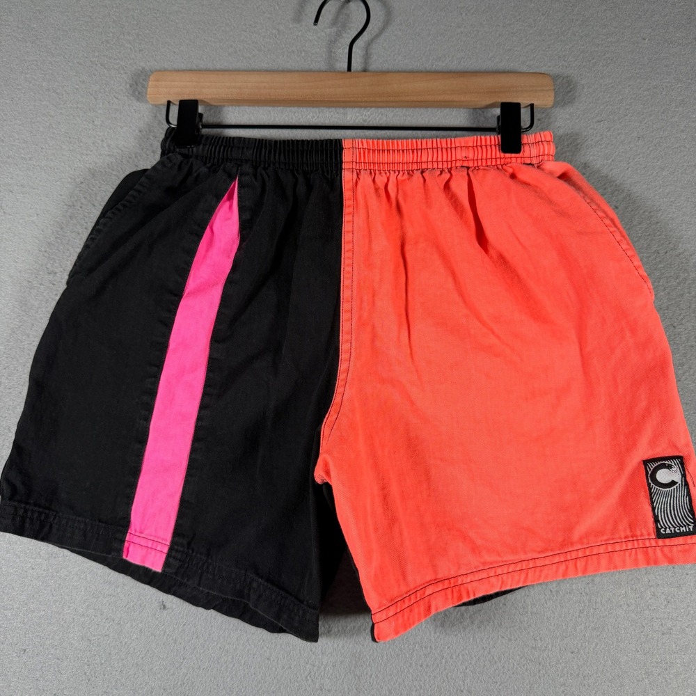 Vintage Catchit Mens Colorblock‎ Surf Shorts Black Neon Orange Pink Size 30 USA